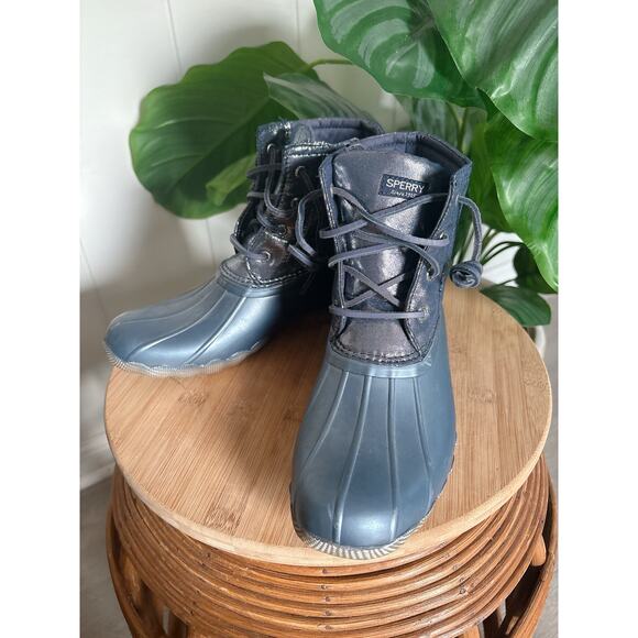Sperry Blue Metallic Saltwater Duck Boots Girls Size 5 Rain Winter Booties - Picture 2 of 9